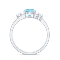Rosec Jewels 0.8 carat aquamarine and diamond 3-stone engagement ring with double band shank, showcasing elegant gemstone setting.