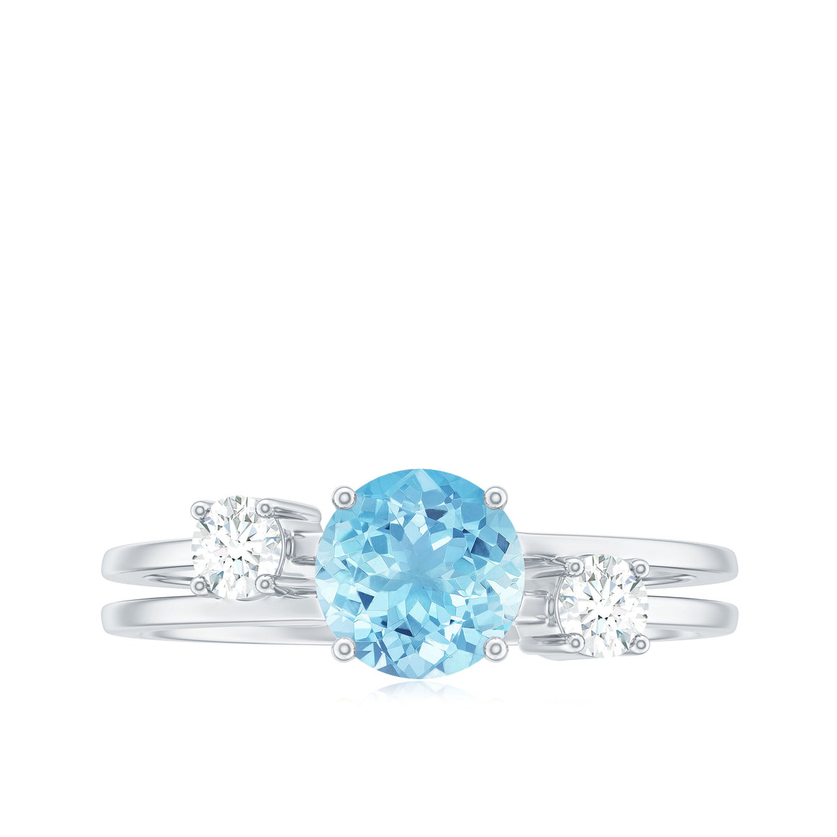 Rosec Jewels 0.8 Carat aquamarine and diamond three-stone engagement ring with double band shank, showcasing elegant gemstone setting.