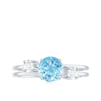 Rosec Jewels 0.8 Carat aquamarine and diamond three-stone engagement ring with double band shank, showcasing elegant gemstone setting.