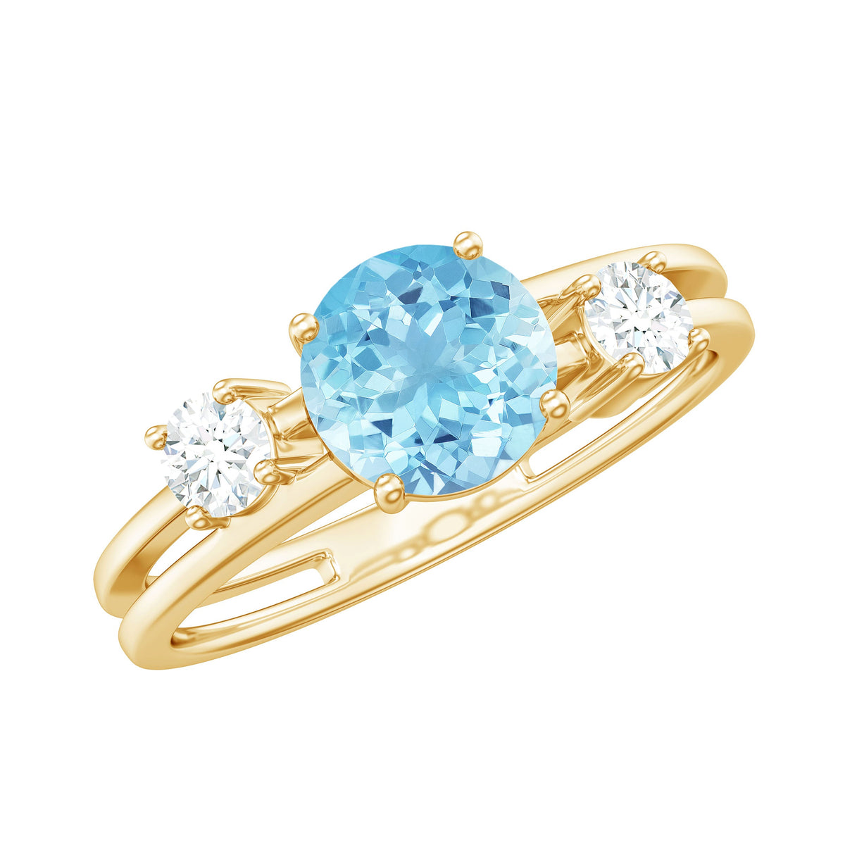 Rosec Jewels 0.8 Carat aquamarine and diamond three-stone engagement ring with double band shank, showcasing elegant gemstone setting.