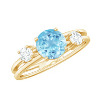 Rosec Jewels 0.8 Carat aquamarine and diamond three-stone engagement ring with double band shank, showcasing elegant gemstone setting.