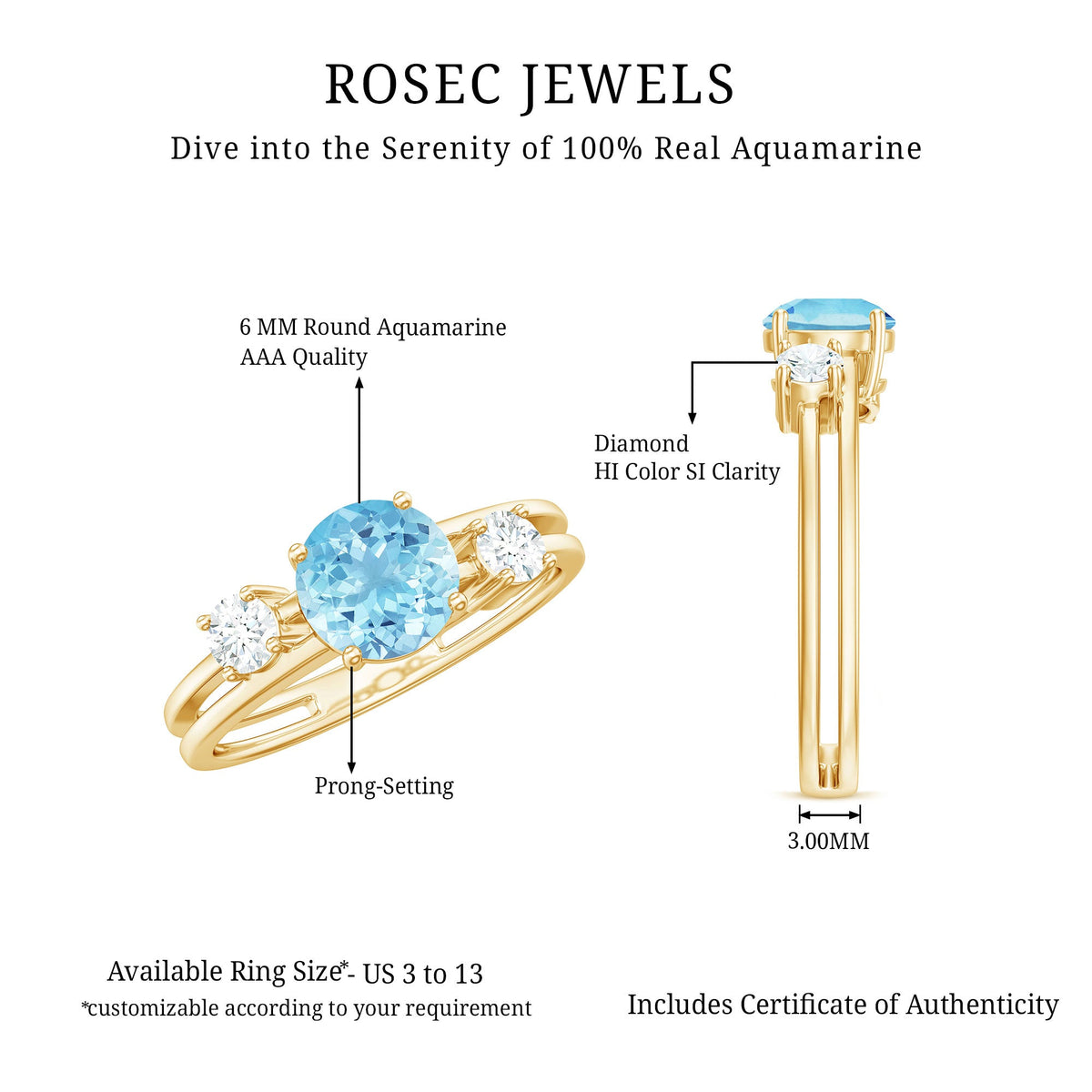 Rosec Jewels 0.8 carat aquamarine and diamond 3-stone engagement ring with double band shank, showcasing elegant gemstone details.