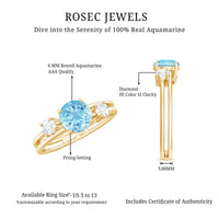 Rosec Jewels 0.8 carat aquamarine and diamond 3-stone engagement ring with double band shank, showcasing elegant gemstone details.