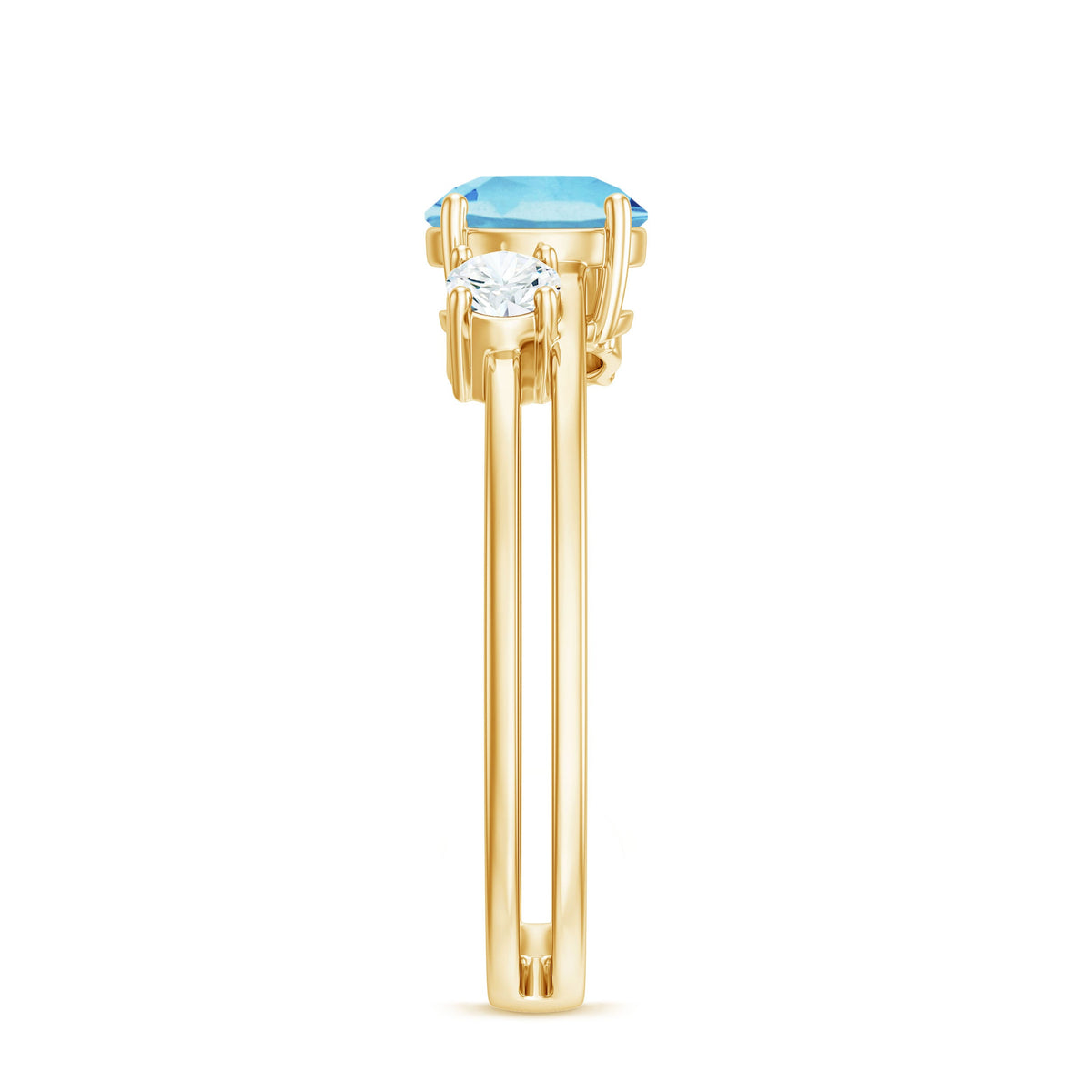Rosec Jewels 0.8 Carat aquamarine and diamond 3-stone engagement ring with double band shank, showcasing sparkling gemstones and intricate design.