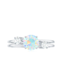 Natural Ethiopian Rainbow Opal Diamond Three Stone Engagement Ring