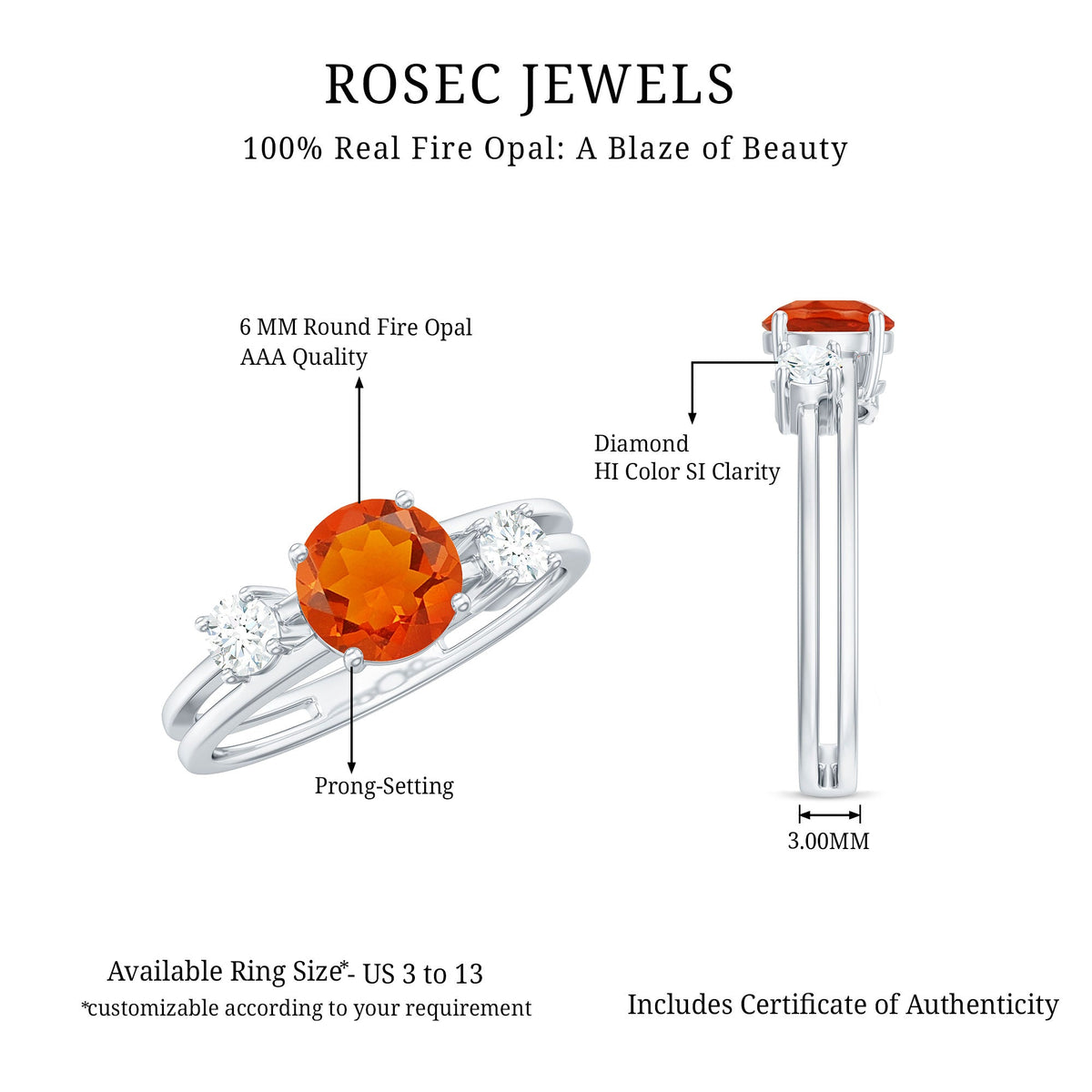 Double band engagement ring from Rosec Jewels featuring a fire opal centerpiece and sparkling diamonds.