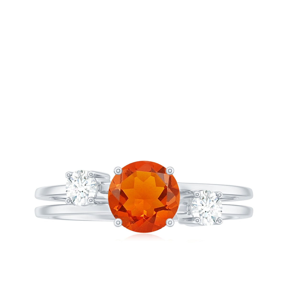 Double band engagement ring by Rosec Jewels featuring a vibrant fire opal centerpiece and sparkling diamonds.