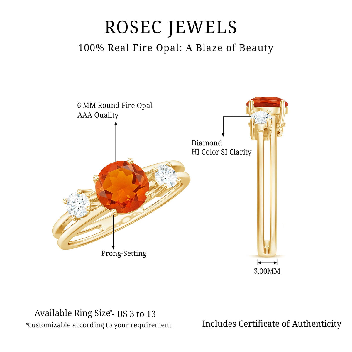 Double band engagement ring by Rosec Jewels featuring a vibrant fire opal centerpiece and sparkling diamonds.