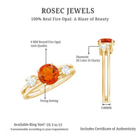 Double band engagement ring by Rosec Jewels featuring a vibrant fire opal centerpiece and sparkling diamonds.