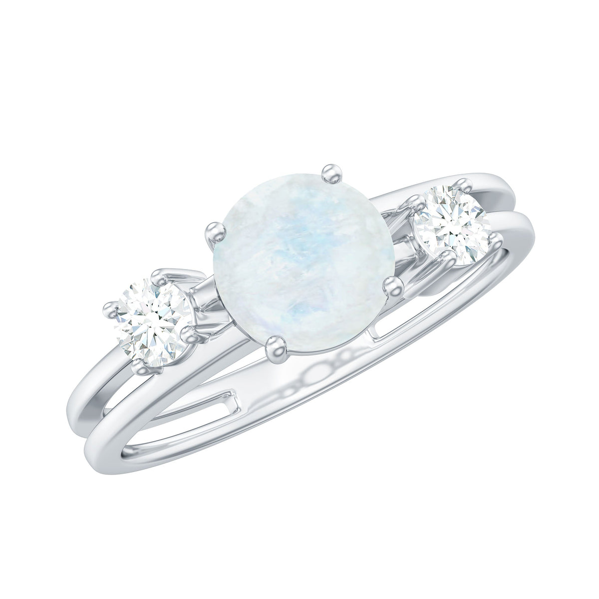 Rosec Jewels 1/2 CT moonstone solitaire double band ring with diamond accents, showcasing a polished silver finish and intricate design.