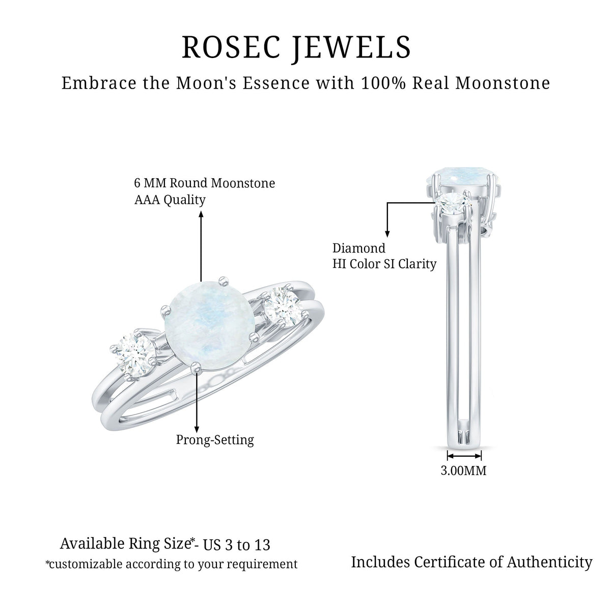 Rosec Jewels 1/2 CT moonstone solitaire double band ring with diamond accents, showcasing elegant gemstone and intricate band design.
