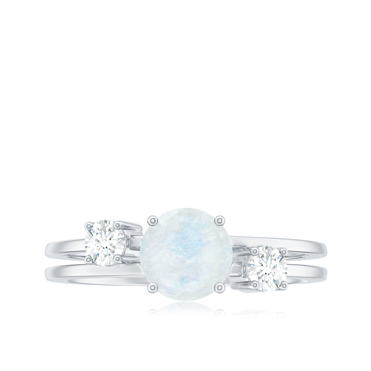 Rosec Jewels 1/2 CT moonstone solitaire double band ring with diamond accents, showcasing elegant jewelry design.