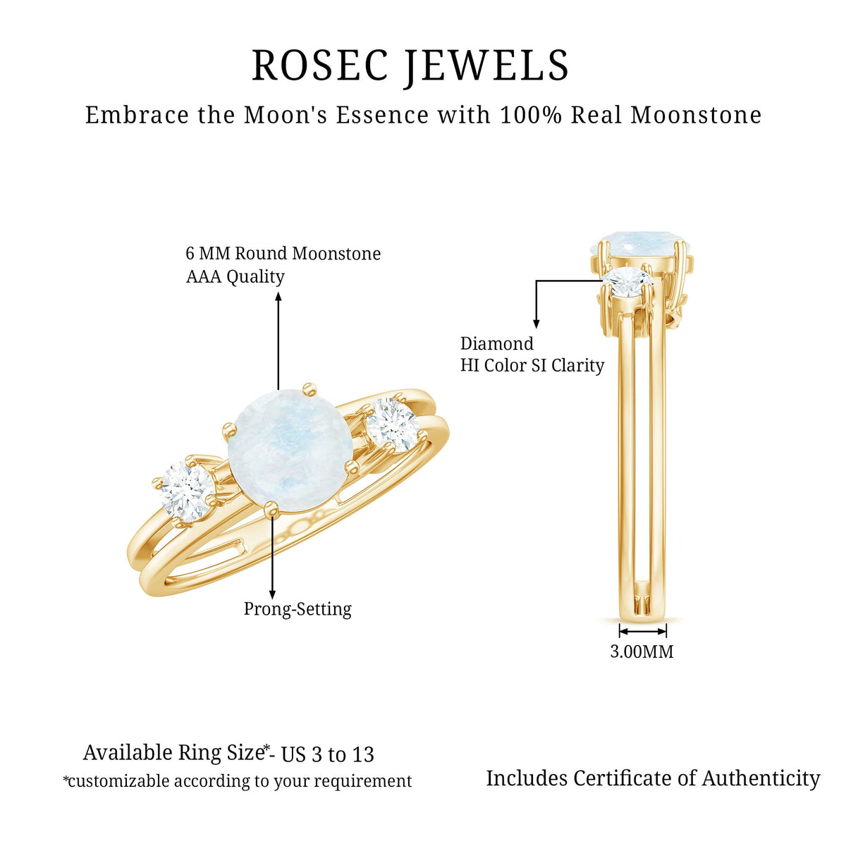 Rosec Jewels 1/2 CT moonstone solitaire double band ring with diamond accent, featuring a polished silver finish.