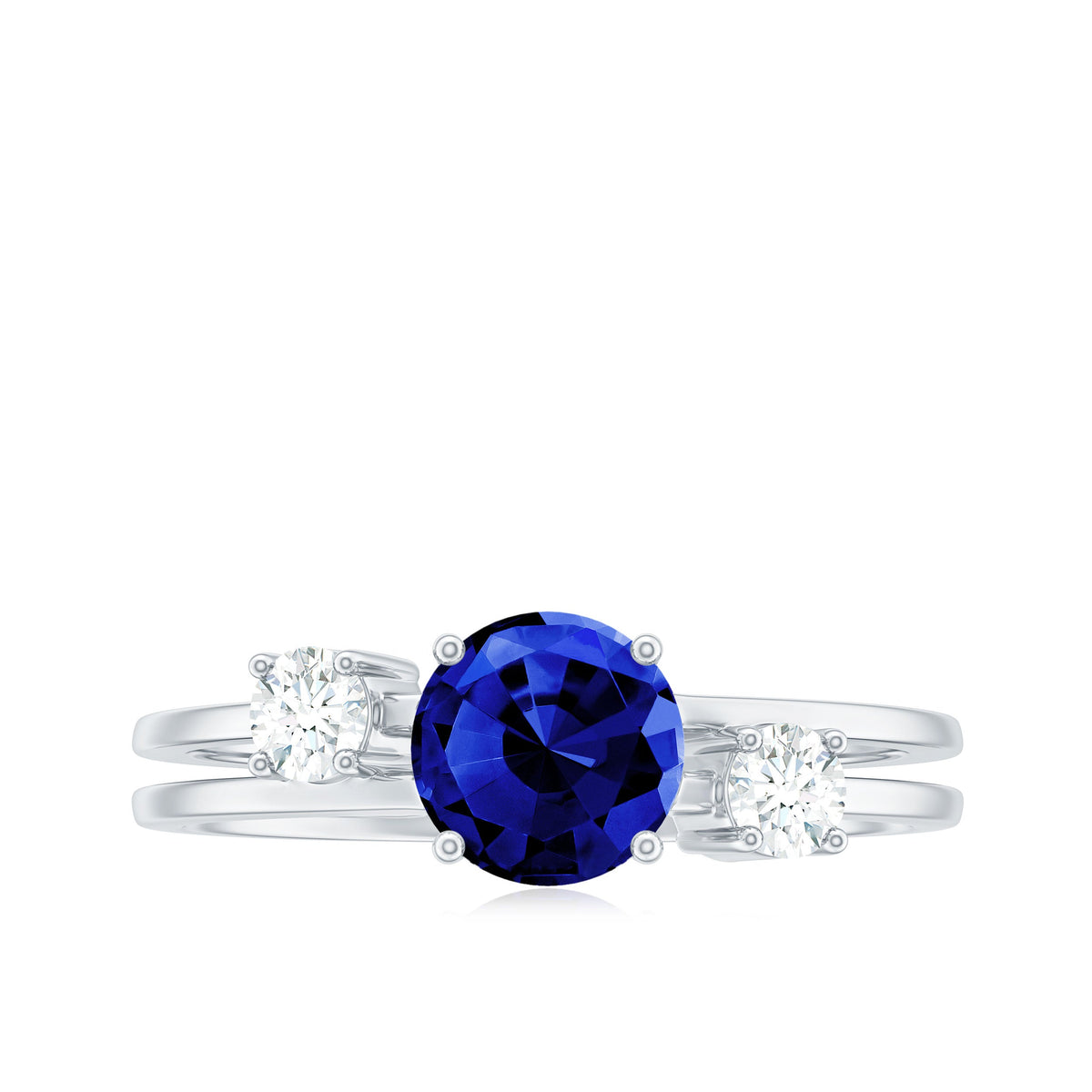 Certified 1 Carat Lab Grown Blue Sapphire Double Band Engagement Ring with Diamond