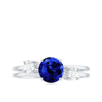 Certified 1 Carat Lab Grown Blue Sapphire Double Band Engagement Ring with Diamond