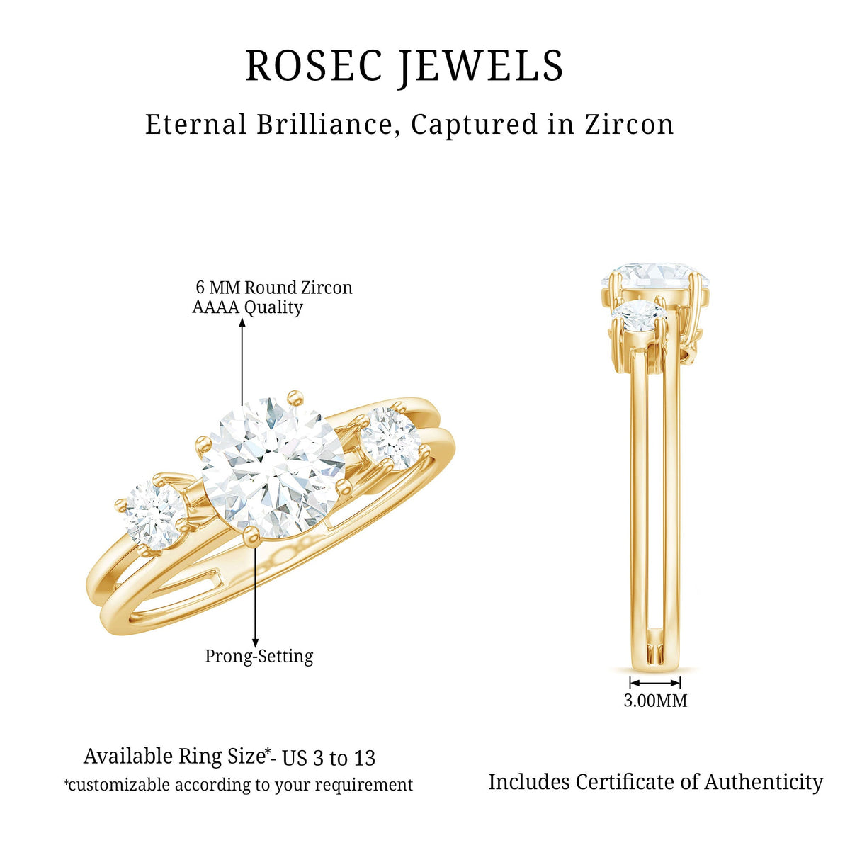 Certified Cubic Zirconia Three Stone Double Band Ring