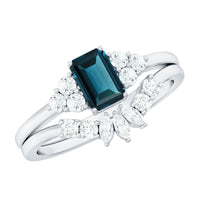 4X6mm Emerald Cut London Blue Topaz Designer Bridal Ring Set with Diamond