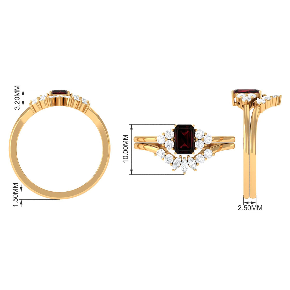 Genuine Garnet Diamond Emerald Cut Engagement Wedding Ring Set of 2
