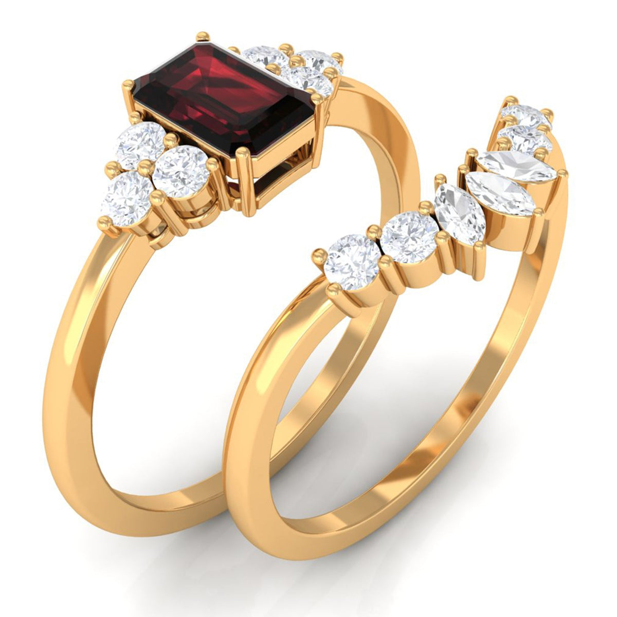 Genuine Garnet Diamond Emerald Cut Engagement Wedding Ring Set of 2