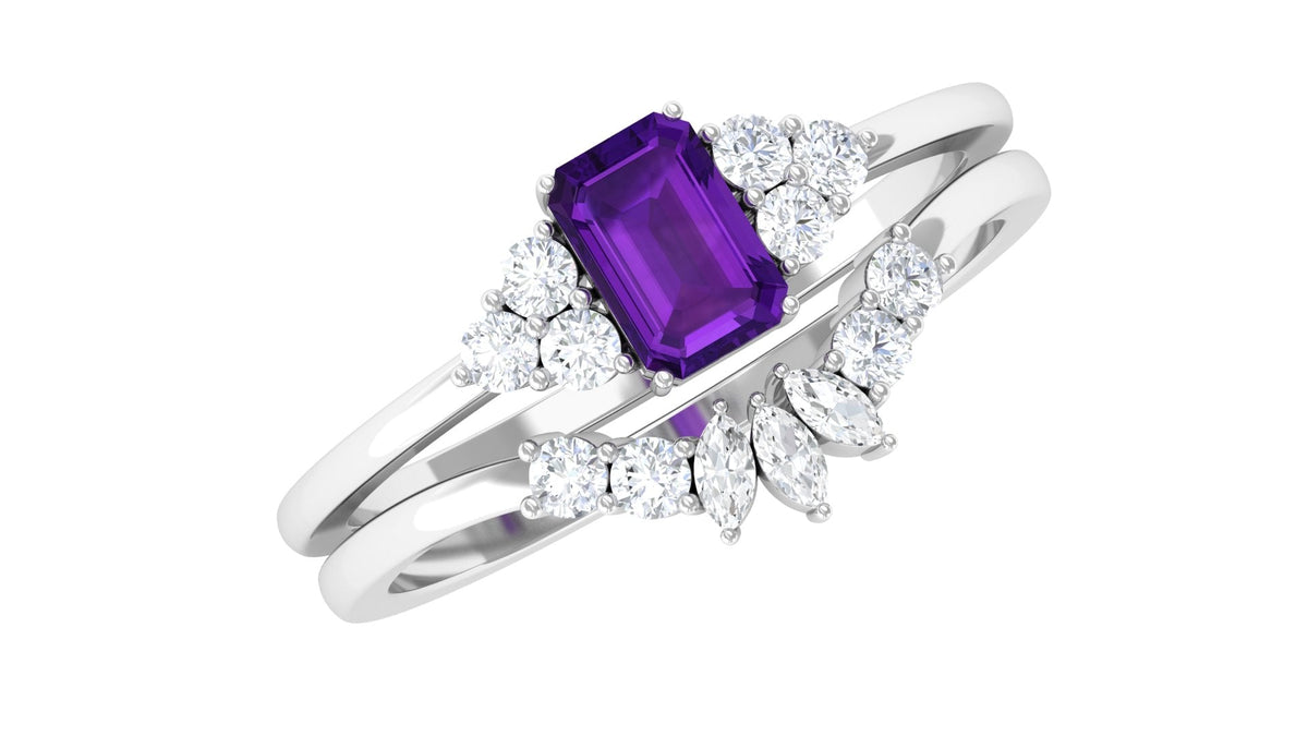 Rosec Jewels 1.4 carat amethyst emerald cut engagement ring with diamond wedding band, showcasing the detailed gemstone and band design.