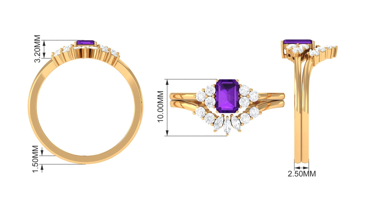 Emerald cut 1.4 carat amethyst engagement ring with diamond wedding band by Rosec Jewels, showcasing the sparkling gemstone and elegant design.