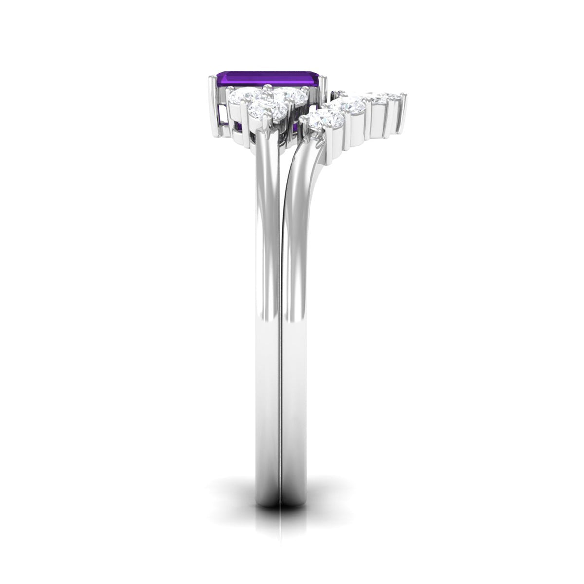 Amethyst emerald cut engagement ring with diamond wedding band from Rosec Jewels, showcasing sparkling gemstones and intricate design.