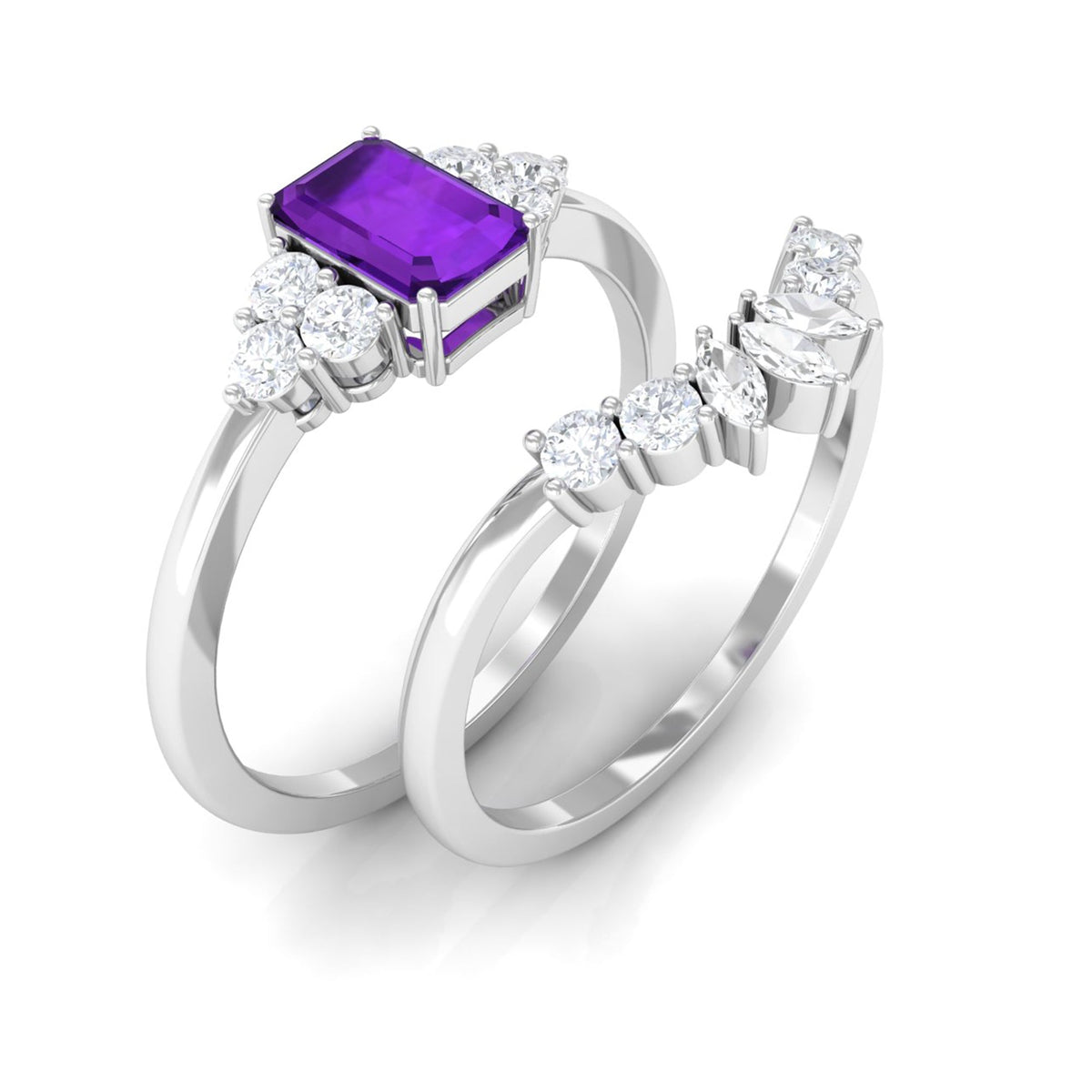 Amethyst emerald cut engagement ring with diamond wedding band, featuring 1.4 carats, set in a rose gold band by Rosec Jewels.