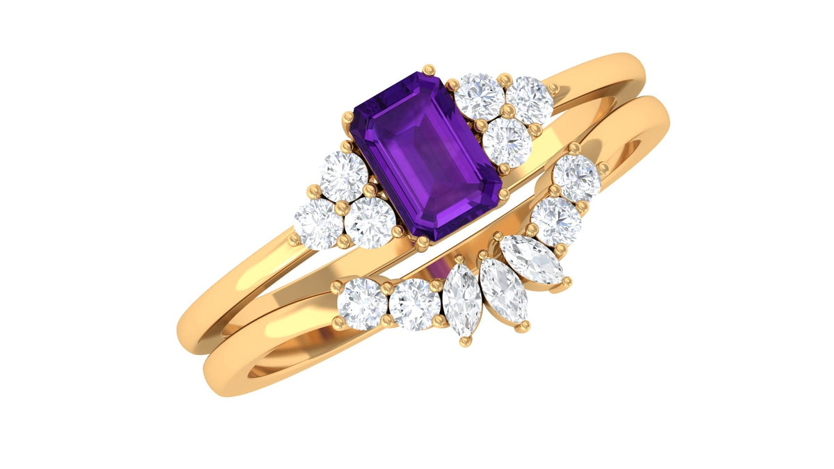 Emerald cut 1.4 carat amethyst engagement ring with diamond wedding band from Rosec Jewels, featuring a purple gemstone and sparkling diamonds.
