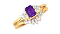 Emerald cut 1.4 carat amethyst engagement ring with diamond wedding band from Rosec Jewels, featuring a purple gemstone and sparkling diamonds.