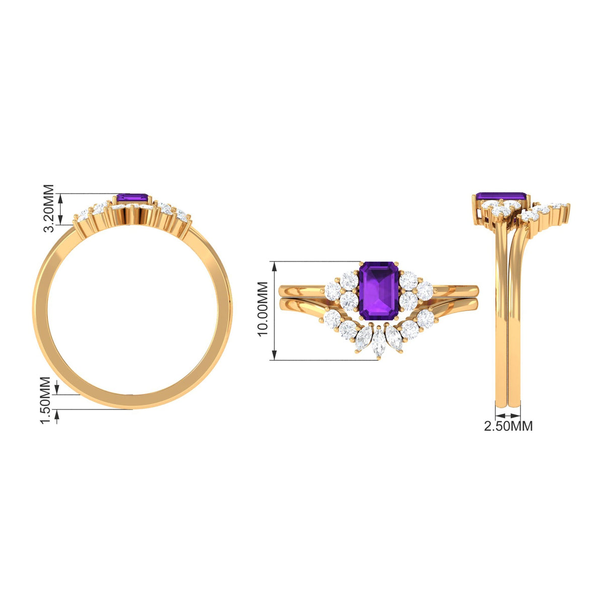 Amethyst emerald cut engagement ring with diamond wedding band from Rosec Jewels, showcasing sparkling gemstones and elegant design