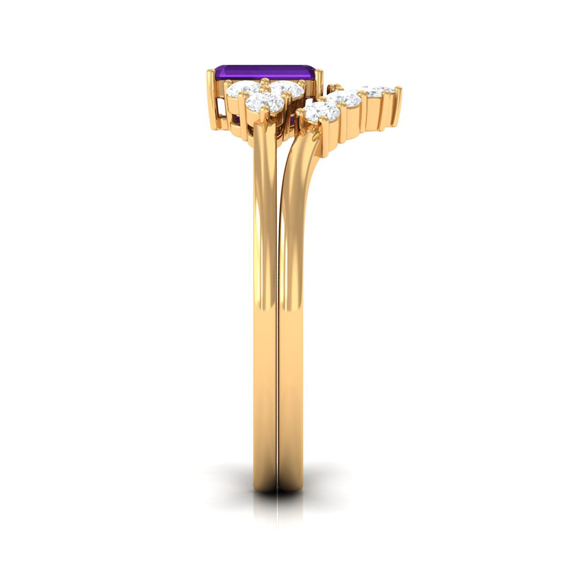 Amethyst emerald cut engagement ring with diamond wedding band from Rosec Jewels, showcasing a 1.4 carat purple gemstone and sparkling diamonds.