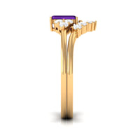 Amethyst emerald cut engagement ring with diamond wedding band from Rosec Jewels, showcasing a 1.4 carat purple gemstone and sparkling diamonds.