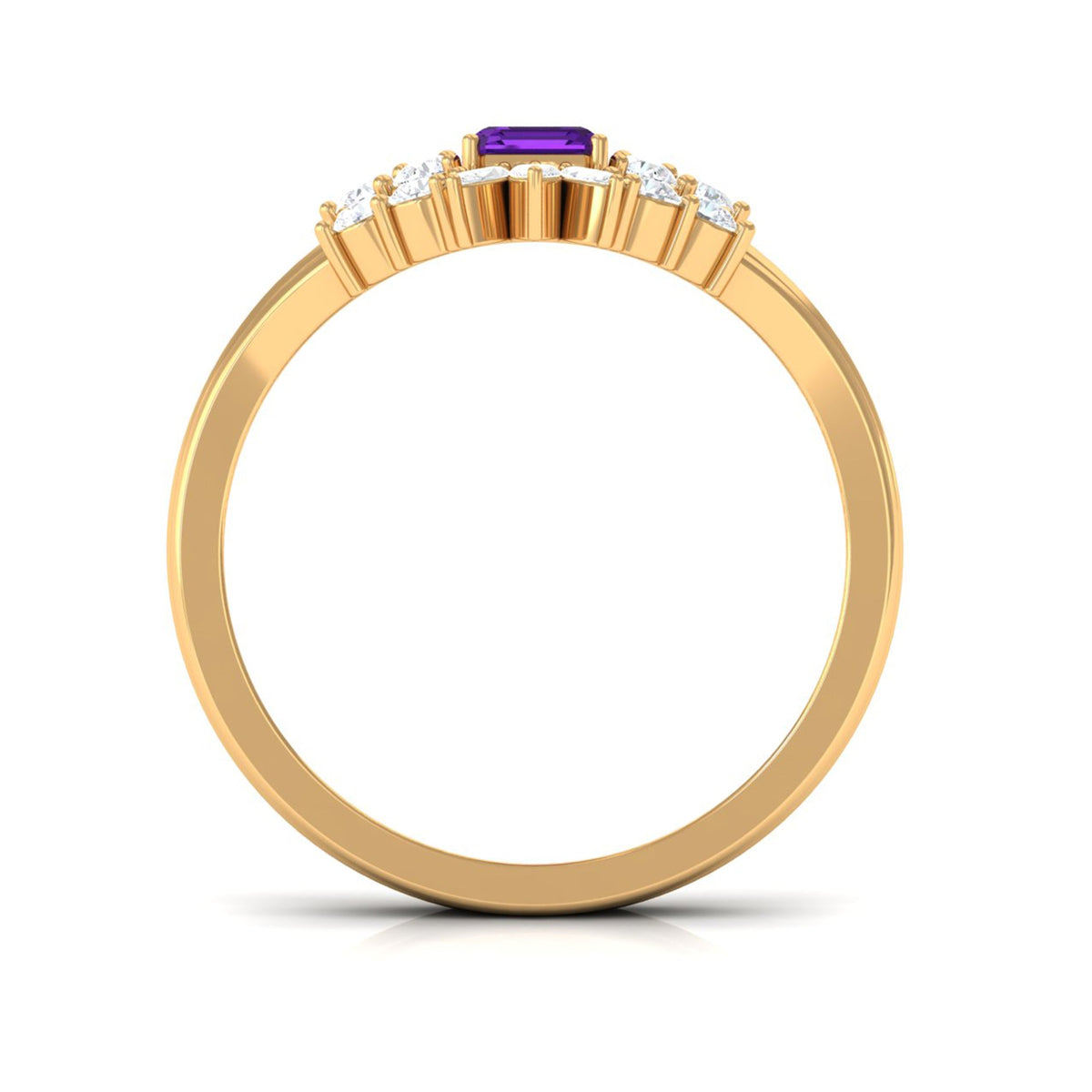 Emerald cut 1.4 carat amethyst engagement ring with diamond wedding band from Rosec Jewels, showcasing a sparkling purple gemstone.