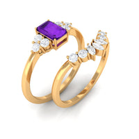 Emerald cut 1.4 carat amethyst engagement ring with diamond wedding band, showcasing elegant purple gemstone and sparkling diamonds.