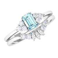 Natural emerald cut aquamarine and diamond marriage ring set by Rosec Jewels, with detailed gemstone and band design.