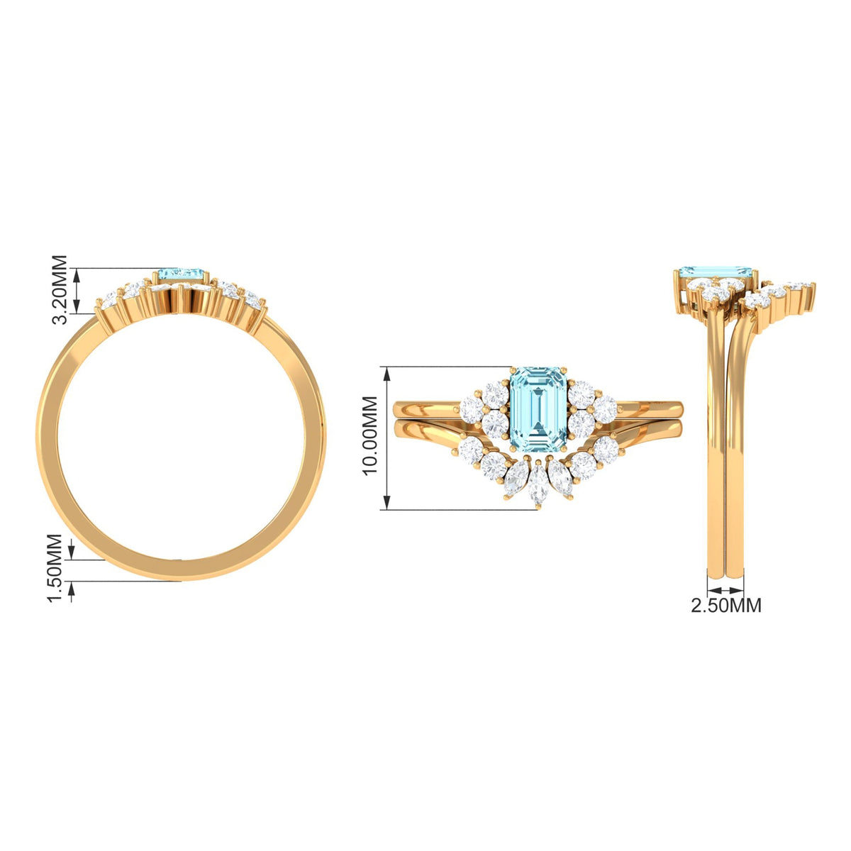 Natural aquamarine marriage ring set with emerald cut stones and diamonds, featuring Rosec Jewels' elegant design.