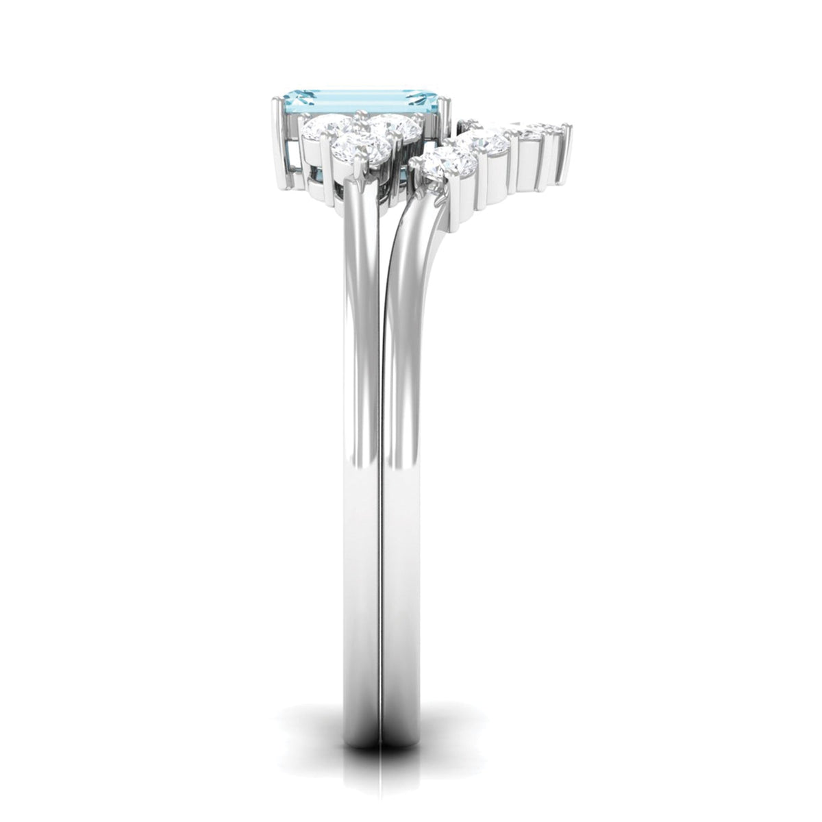 Natural emerald cut aquamarine and diamond wedding ring set by Rosec Jewels, featuring a sleek, elegant design with sparkling stones.