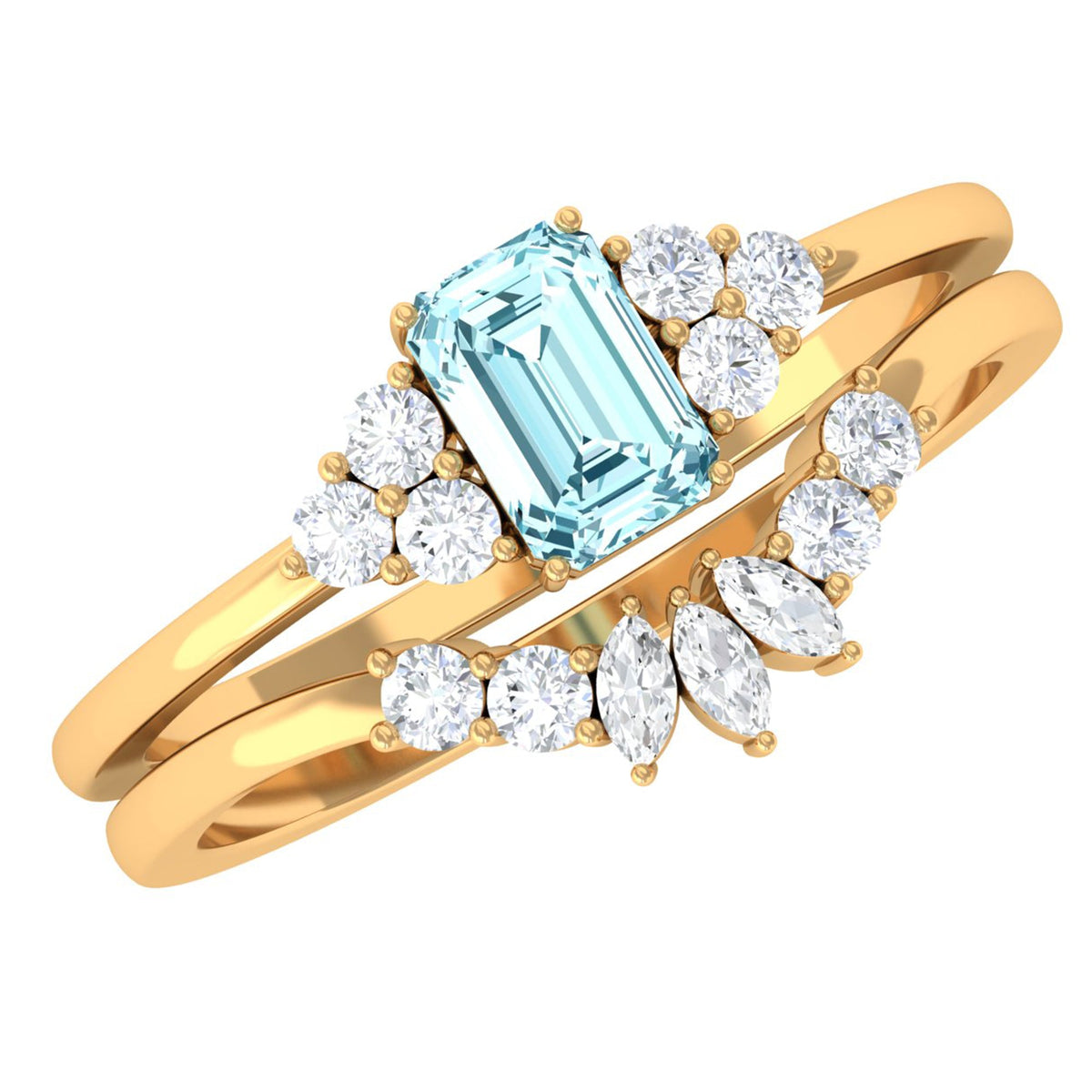 Natural emerald cut aquamarine wedding ring set with diamonds, featuring Rosec Jewels' elegant and sparkling design.