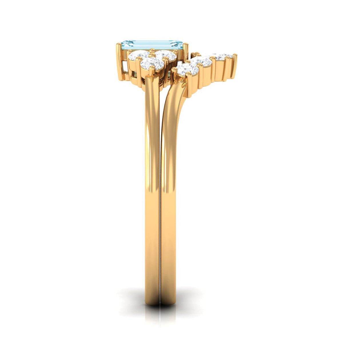 Natural emerald cut aquamarine wedding ring set with diamond accents, showcasing elegant jewelry from Rosec Jewels.