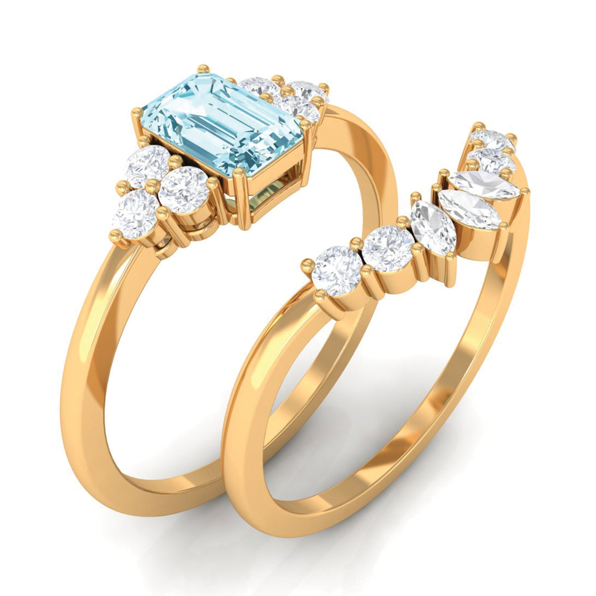 Natural emerald cut aquamarine marriage ring set with diamond accents, featuring Rosec Jewels' elegant design and craftsmanship.
