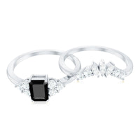 Emerald Cut Black Onyx Engagement Ring with Diamond Wedding Band