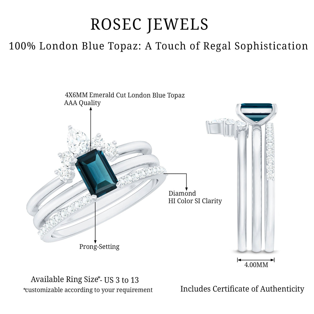 4X6mm Emerald Cut London Blue Topaz Solitaire Trio Ring Set with Diamond
