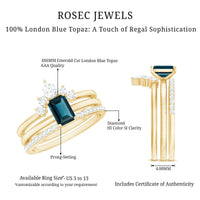 4X6mm Emerald Cut London Blue Topaz Solitaire Trio Ring Set with Diamond