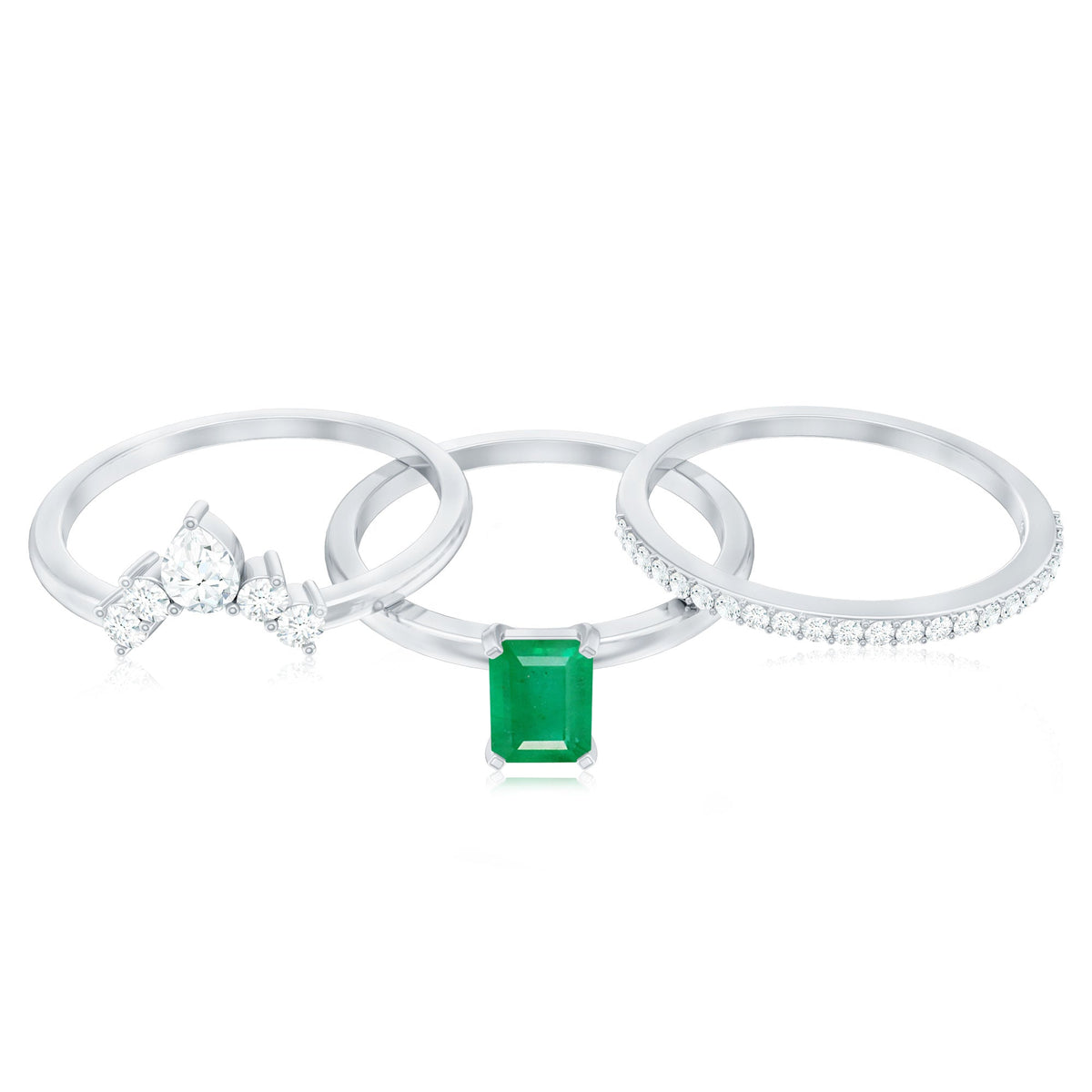 Natural Emerald Cut Emerald Diamond Bridal Ring Set of 3