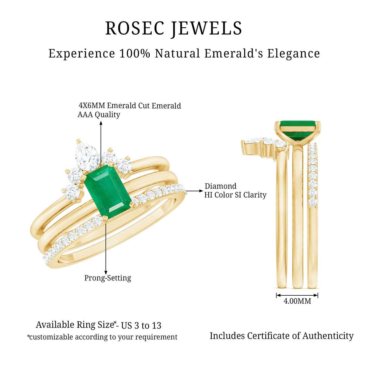 Natural Emerald Cut Emerald Diamond Bridal Ring Set of 3