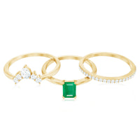 Natural Emerald Cut Emerald Diamond Bridal Ring Set of 3