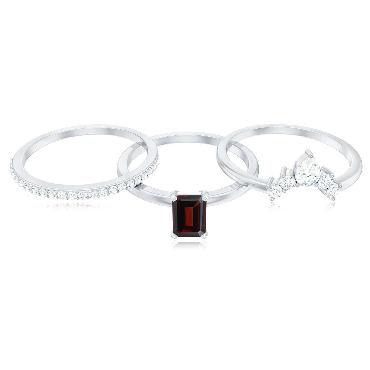 Natural Emerald Cut Garnet Diamond 3 Piece Wedding Ring Set