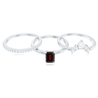 Natural Emerald Cut Garnet Diamond 3 Piece Wedding Ring Set