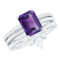 Natural 1.4 carat amethyst bridal ring set with diamond accents, featuring three elegant rings from Rosec Jewels.