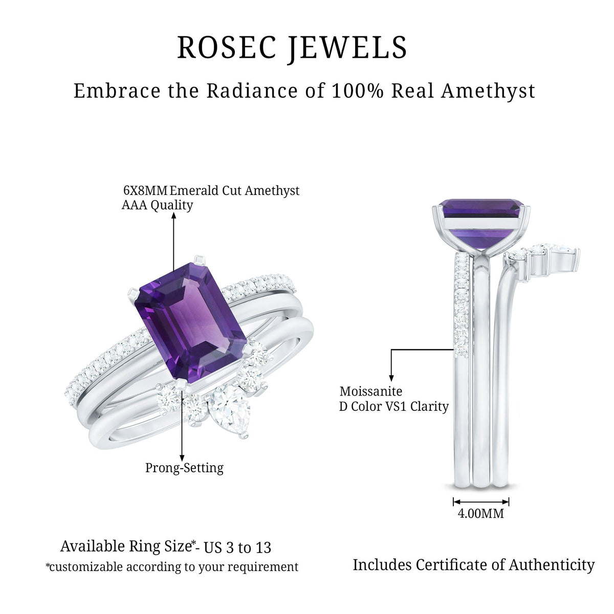 Natural 1.4 carat amethyst bridal ring set with diamonds from Rosec Jewels, featuring three elegant rings.